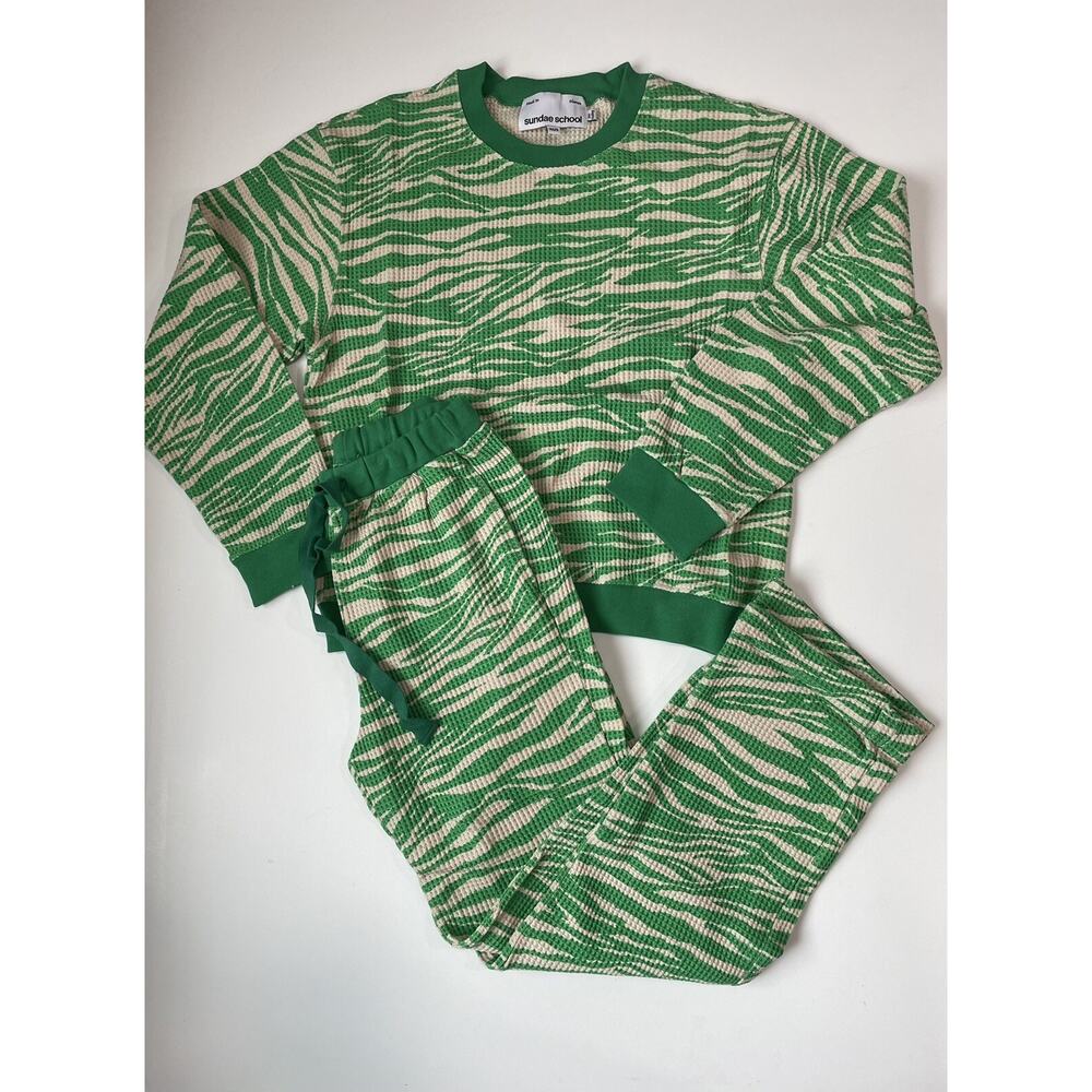 Sundae School Green Zebra Tiger Sweatshirt Waffle Knit & Sweatpants XS